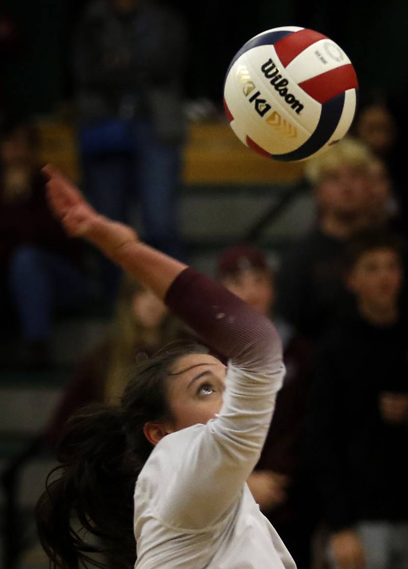 Prairie Ridge's Maizy Agnello serves the ball during the IHSA Class 3A Grayslake Central Supersectional volleyball match against St. Francis on Monday, Nov. 11, 2024, at Grayslake Central High School.