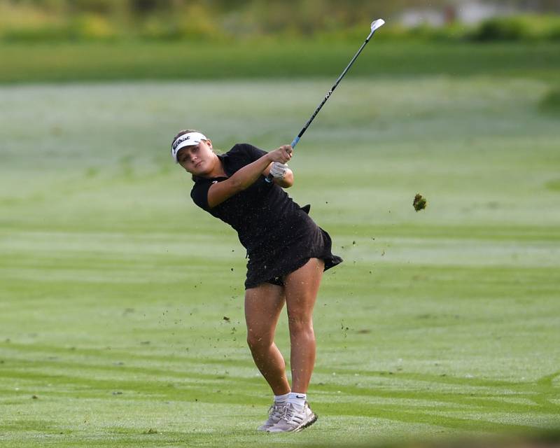 Kiley Sanborn of Plainfield chips in the fairway during the Southwest Prairie conference meet on Wednesday Sept. 24, 2025, held at Blackberry Oaks Golf course in Bristal.