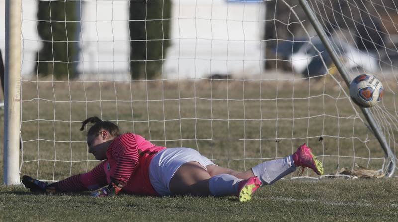 The ball bounces past Richmond-Burton’s Taylor Labay as she tries to stop a penalty kick during a Kishwaukee River Conference soccer game against Johnsburg on Wednesday, March 20, 2024, at Johnsburg High School.