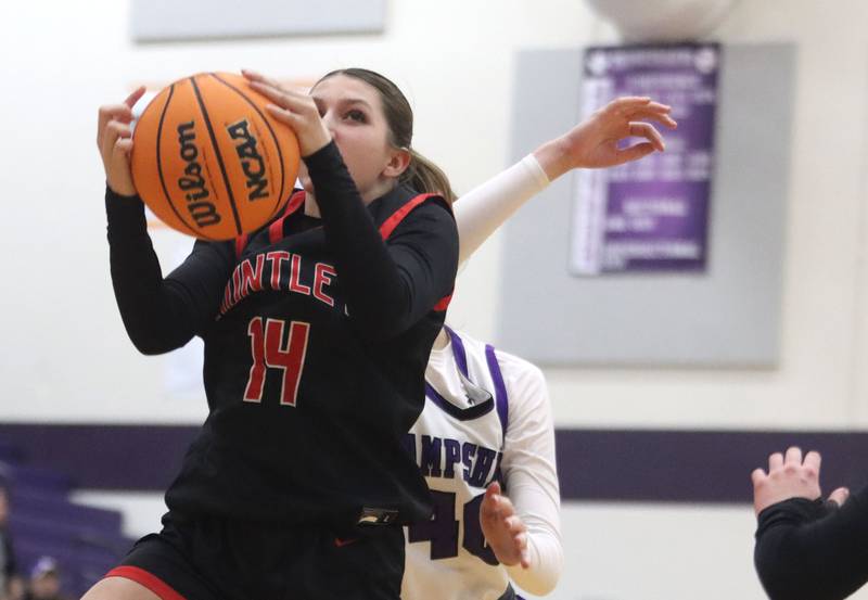 Huntley’s Sara Bruns snags a rebound in varsity girls basketball on Wednesday, Feb. 11, 2026, at Hampshire High School in Hampshire.