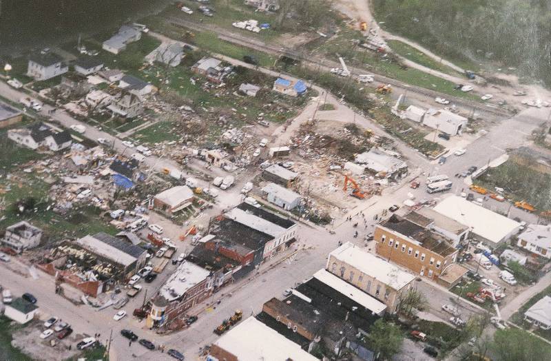 An aerial view of the damage from ABC 7's helicopter on Wednesday, April 21, 2004 in Utica.