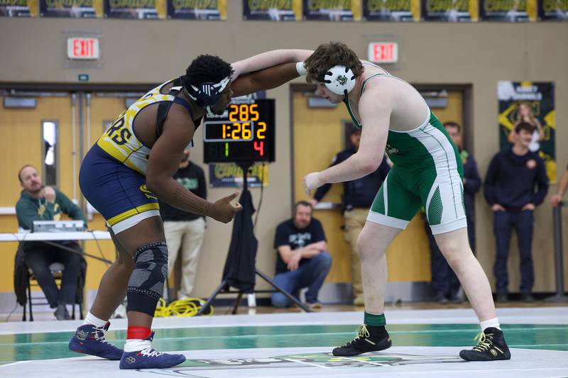 Coal City's Payton Vigna wrestles Chicago Sullivan's Charles Harris in the 285-pound championship match during the IHSA Class 1A Coal City Sectional on Saturday, Feb. 14, 2026.