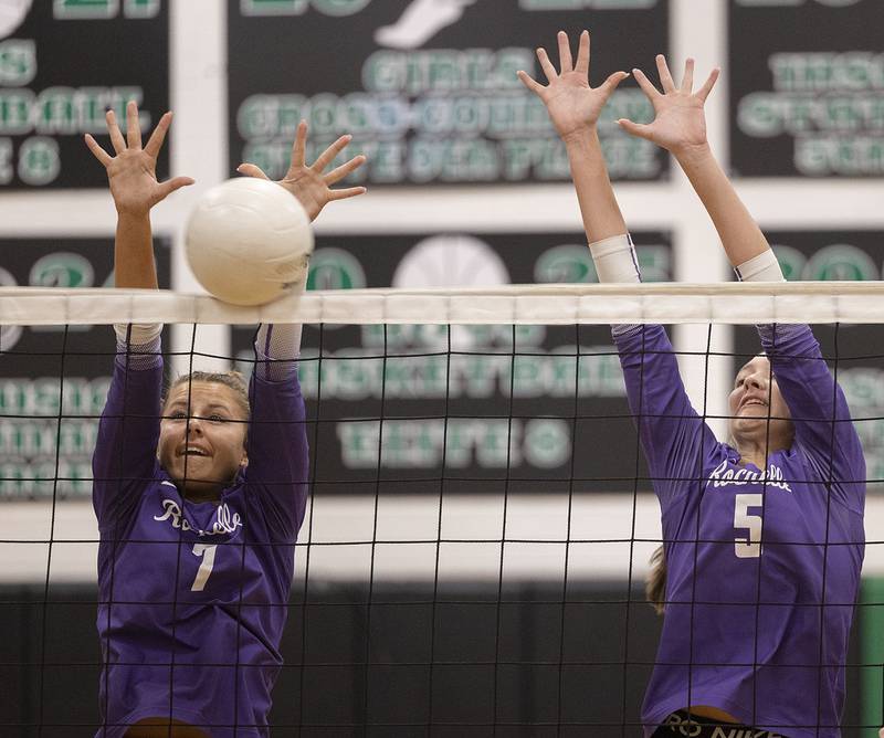 Rochelle’s Meredith Bruns (left) and Audyn Kemp go up for a block against Rock Falls Monday, Sept. 29, 2025.