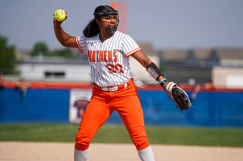 Oswego’s Jaelynn Anthony (20) field a grounder and throws to first for an out against Wheaton North during a Class 4A Oswego Sectional Final game at Oswego High School on Friday, June 6, 2025.