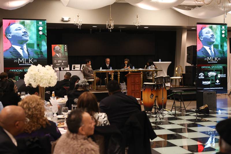 Natalie Manley (left), Michael Simelton and Rolonda Mitchell lead a panel discussion moderated by Bonnie Winfrey at the MLK Brunch & Celebration 2025 on Saturday, Jan 18, 2025 in Joliet.