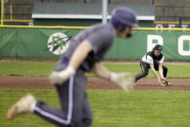 Rock Falls’ Carter Hunter fields a grounder against Dixon Thursday, April 9, 2026.