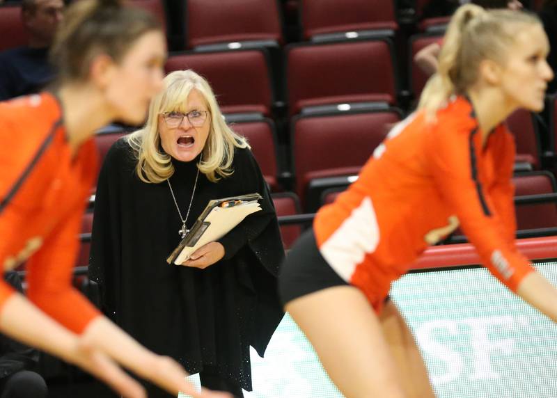 St. Charles East head coach Jennifer Kull coaches her team in the Class 4A semifinal game on Friday, Nov. 11, 2022 at Redbird Arena in Normal.