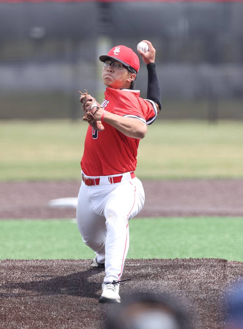 Hinsdale Central's William Ho (0) pitches during the IHSA Class 4A baseball regional final between Downers Grove North and Hinsdale Central at Bolingbrook High School on Saturday, May 27, 2023.