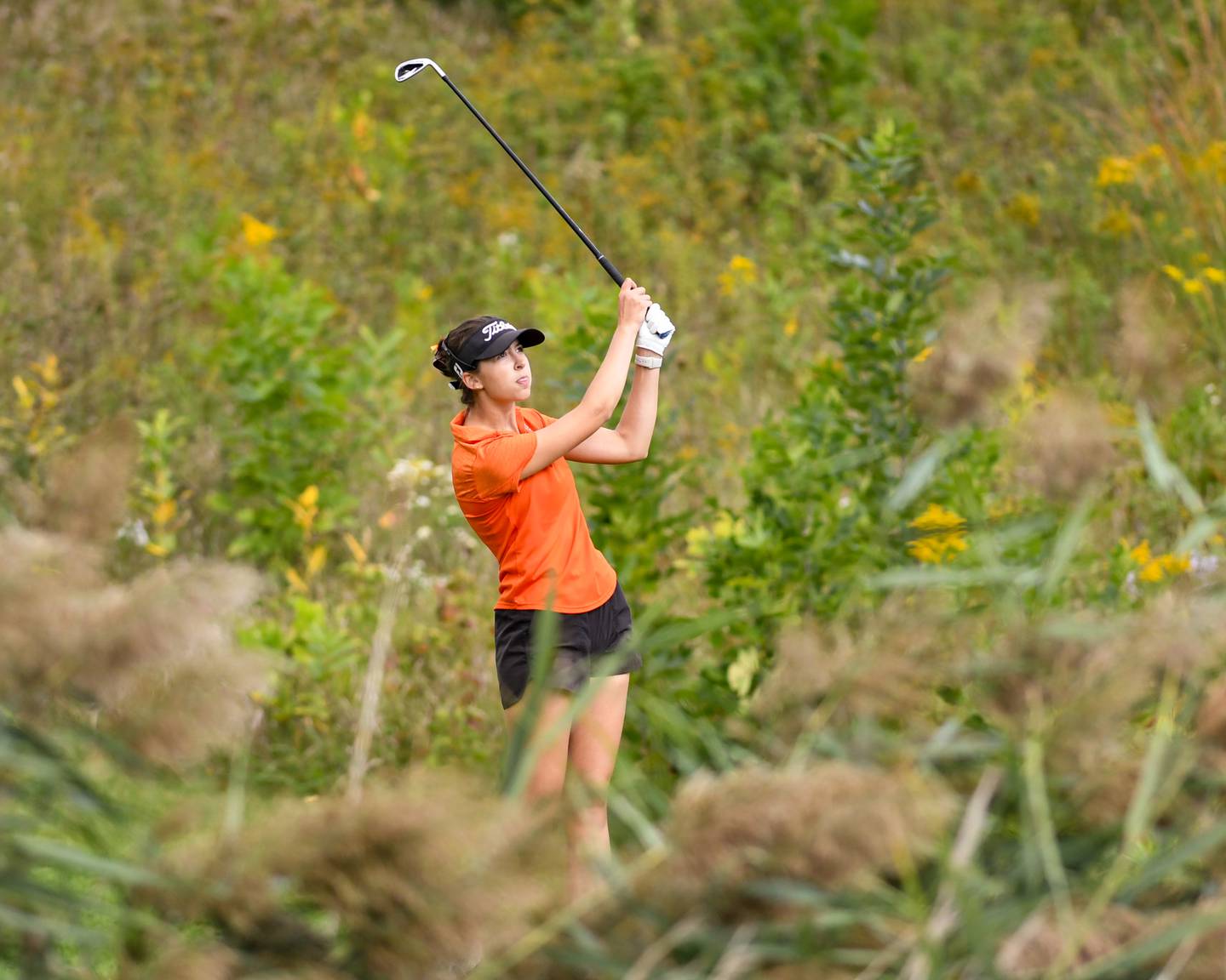 Plainfield East Lauren Reinertson tees off during the back half of the regional match Thursday Sep. 28, 2023, held at Whitetail Ridge in Yorkville.