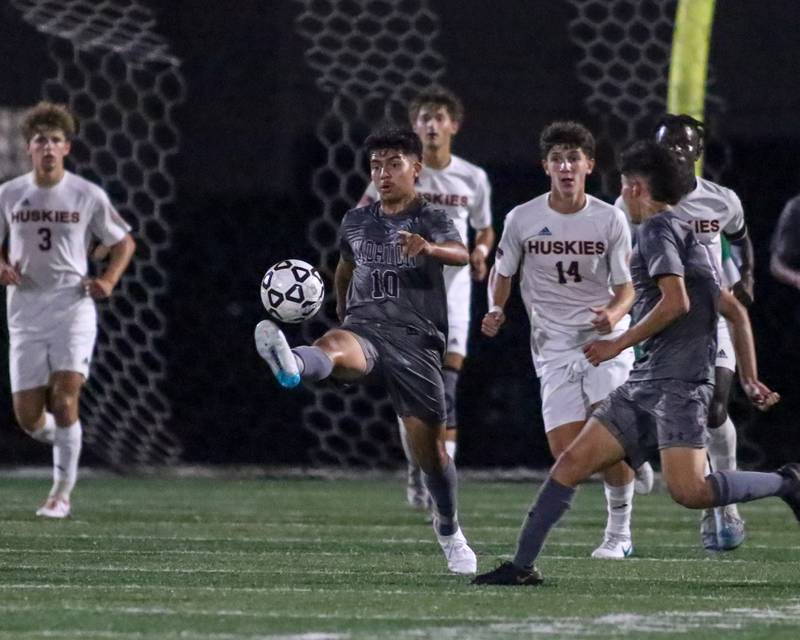 Morton's Jonathan Almaguer (10) controls the ball during soccer match between Naperville North at Morton.  Sept 21, 2023.