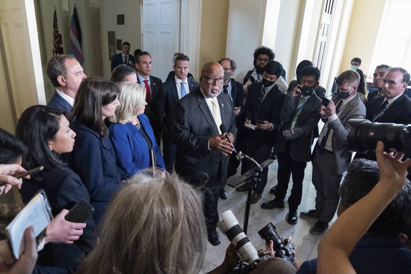FILE - Chairman Rep. Bennie Thompson, D-Miss., speaks with the media after the House select committee hearing on the Jan. 6 attack on Capitol Hill in Washington, on July 27, 2021. (AP Photo/Jose Luis Magana, File)