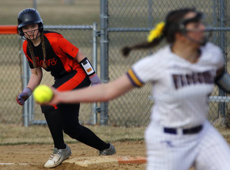 Crystal Lake Central's Harper Wright watches as Wauconda's Aubrey Fetingis throws a pitch during a nonconference softball game on Friday, March 20, 2026, at Crystal Lake Central High School.