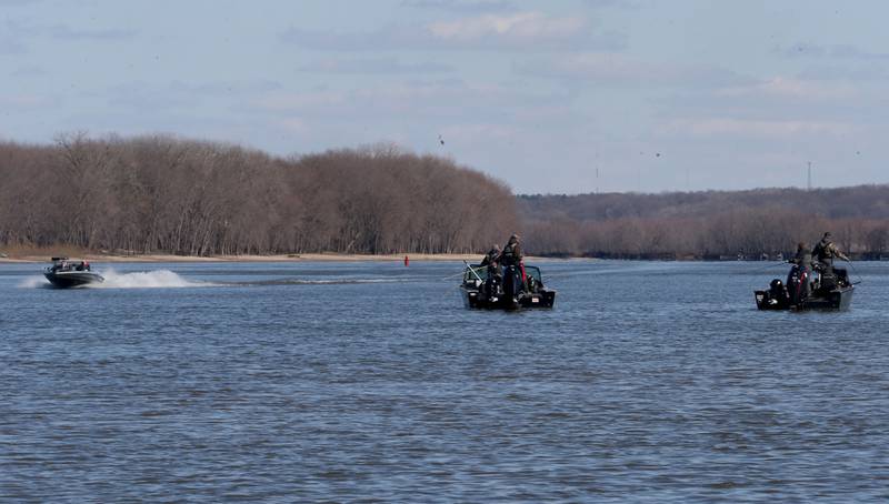 Anglers navigate the Illinois River during the National Walleye Tour Masters Walleye Circuit on Saturday, March 23, 2024 in Spring Valley.