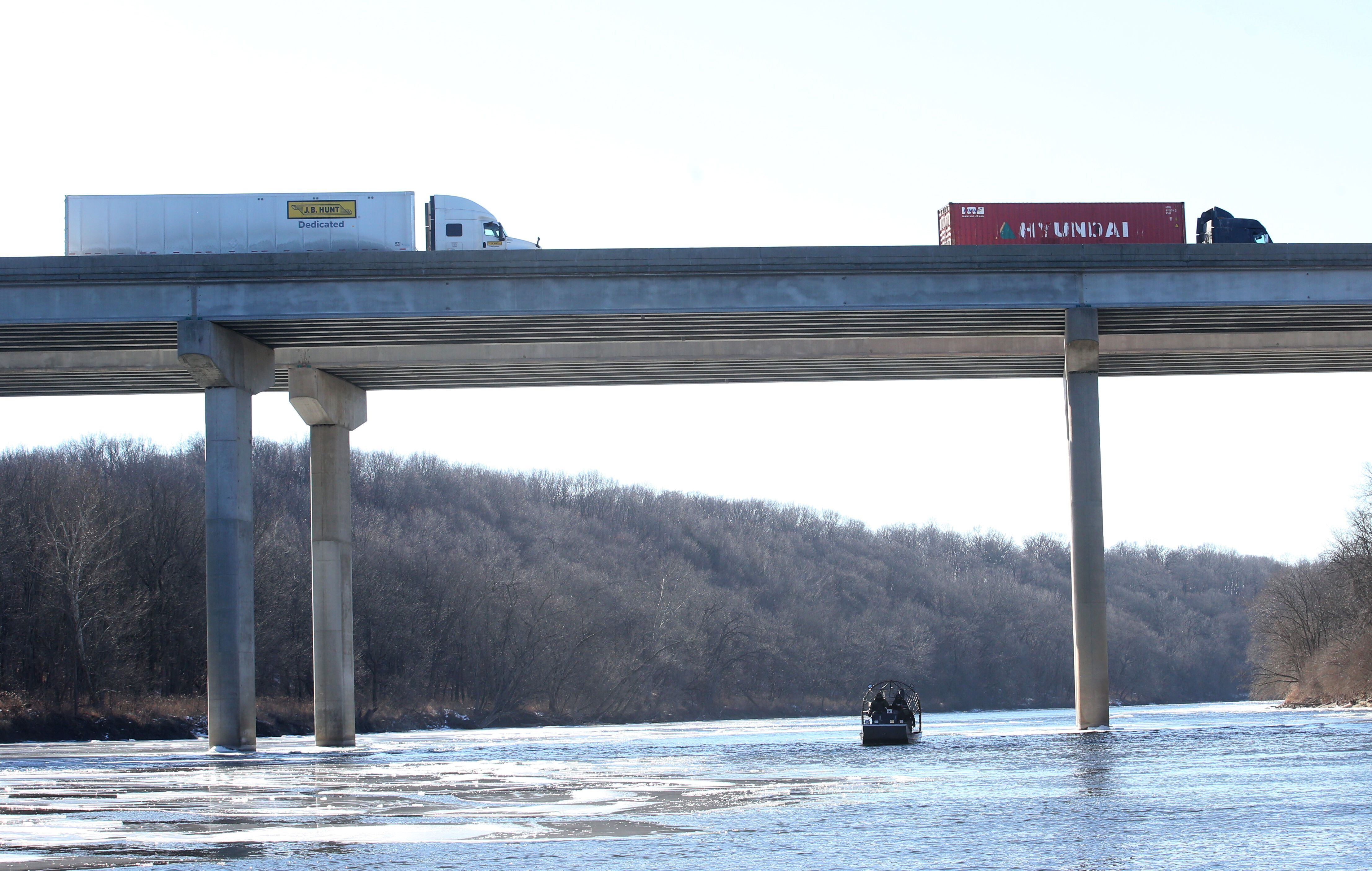 Traffic moves along Interstate 80 over the Fox River bridge on Monday, Jan. 27, 2025, near Ottawa. Illinois Department of Natural Resources Conservation Police used air boats to conduct a training mission along the Fox River. 