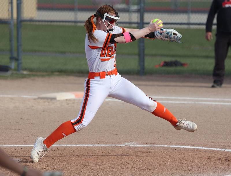 DeKalb's Cassidy Cavazos delivers a pitch Wednesday, April 16, 2025, during their game against Naperville Central at DeKalb High School.