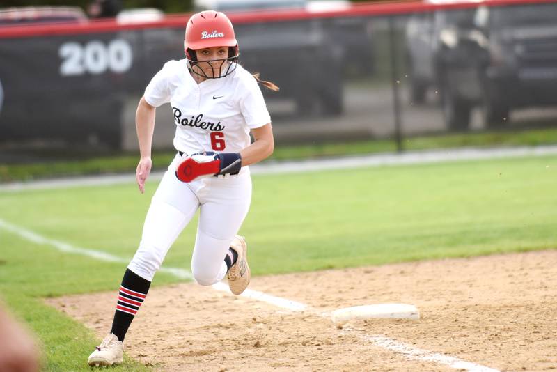 Bradley-Bourbonnais' Avery Moutrey rounds third on her way in for a run during the Boilermakers' home game against Lockport Tuesday, April 28, 2026.