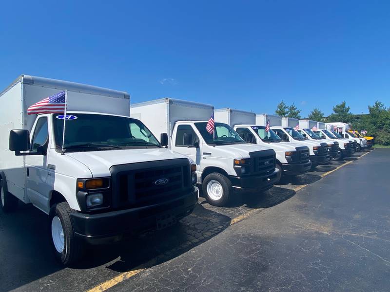 Trucks on the lot at Signature Truck Center in Crystal Lake where the head of operations said catalytic converters were stolen from 28 trucks during the weekend of Aug. 28, 2022.