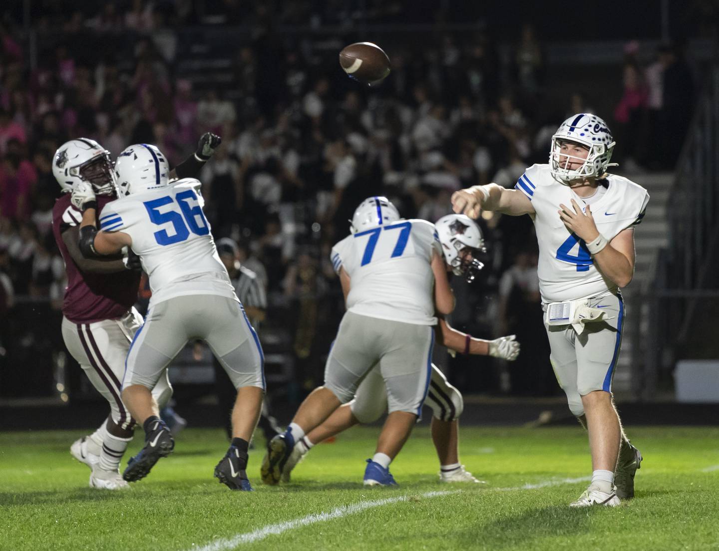Burlington Central quarterback Jackson Alcorn fires a pass to a receiver during their Fox Valley Conference game against Prairie Ridge on Friday, October 11, 2024 at Prairie Ridge High School in Crystal Lake. Ryan Rayburn for Shaw Local