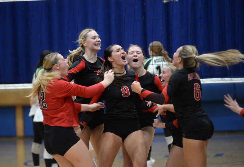 Erie-Prophetstown's Peyton Umstead, Lauren Abbott, Ashlyn Johnson, Kaylee Keegan, Brynn Brown, and Jamie Neumiller celebrate the championship match point against Rock Falls at the 2A Sterling Newman Regional on Thursday, Oct. 31, 2024.