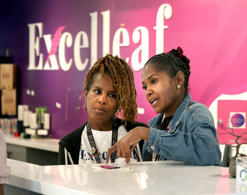 Two of Excelleaf’s owners Maria Davis, (left) and Crystal Anderson talk Friday, June 20, 2025, about the new tasting room they will be debuting and how business has been since they opened the marijuana dispensary in DeKalb in December of 2023.