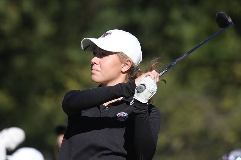 Benet’s Jenna Shilts follows her shot off the tee at the Hinsdale South Girls Class 2A Golf Sectional at Village Greens of Woodridge. Monday, Oct. 3, 2022, in Darien.