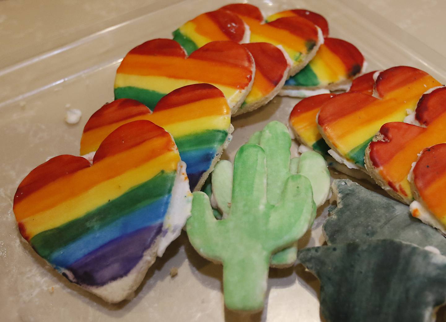Rainbow heart cookies for sale at Uprising Bakery and Cafe, 2104 Algonquin Road, in Lake in the Hills, on Thursday, July 14, 2022, UpRising, after announcing a drag show for Saturday, July 23, has faced an incredible amount of harassment and opposition.