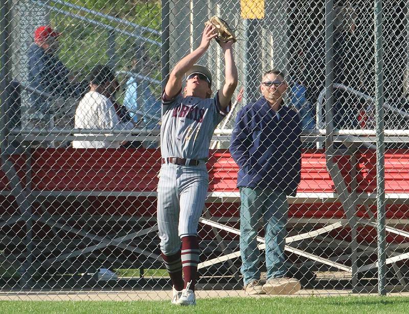 Morris's Caden Medler makes a catch in right field against Ottawa on Monday, April 20, 2026 at Ottawa High School.