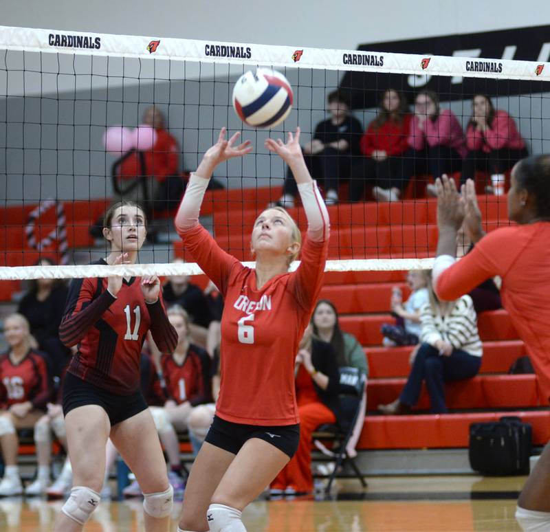 Oregon's Emma Eckerd sets the ball during a Thursday, Oct. 17, 2024 match at Stillman Valley. The Hawks won the contest in three sets.