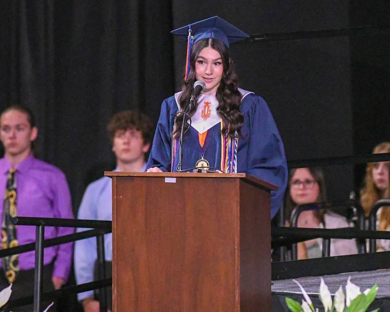 Oswego High School student keynote speaker Ella Stoller speaks during the graduation ceremony on Saturday May 17, 2025, held at the Convocation Center in DeKalb.