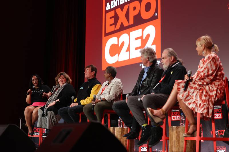 Voice actors sit on stage for the X-Men: The Animated Series cast reunion panel at C2E2 Chicago Comic & Entertainment Expo on Friday, March 31, 2023 at McCormick Place in Chicago.