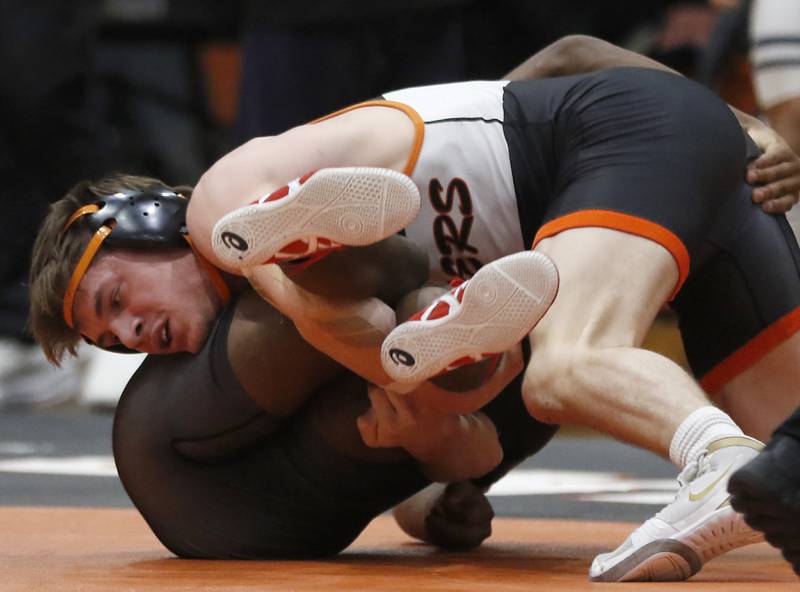 Crystal Lake Central’s Tommy Tomasello controls Antioch’s Marcus Macias as they compete in the 165-pound third-place match in the IHSA 2A Crystal Lake Central Wrestling Sectional on Saturday, Feb. 15, 2025, at Crystal Lake Central High School.