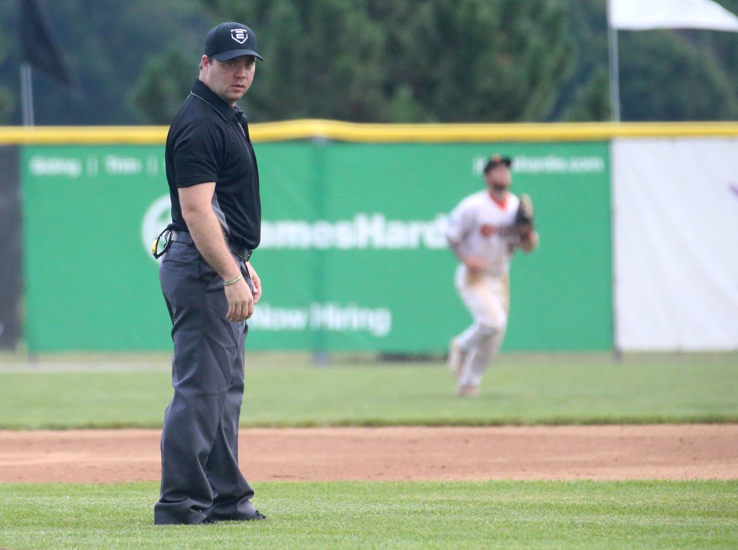 Garrett Cornman umpires the game between the Illinois Valley Pistol Shrimp and the Clinton LumberKings on Wednesday, July 10, 2024 at Schweickert Stadium in Peru.