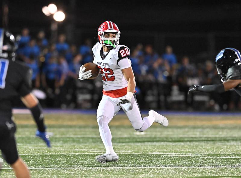Maine South's Micael Dellumo runs the ball during a non-conference game against Lincoln-Way East on Friday, Aug. 30, 2024, at Frankfort. (Dean Reid for Shaw Local News Network)
