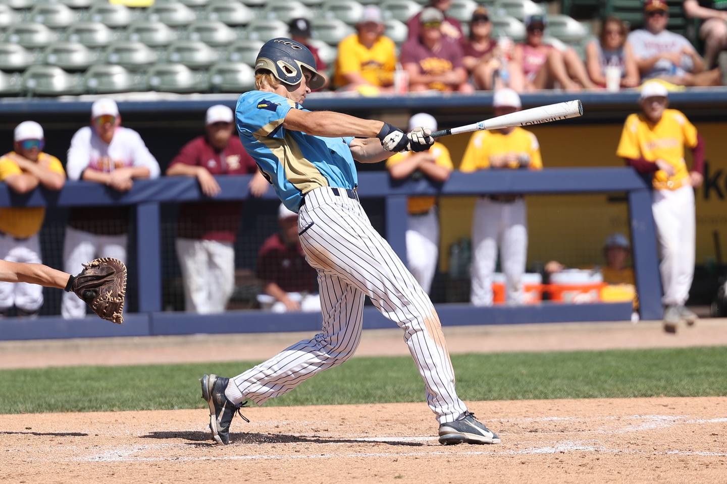 Marquette’s Charlie Mullen connects for a RBI triple against Leroy in the IHSA Class 1A 3rd place game. Saturday, June 4, 2022 in Peoria.