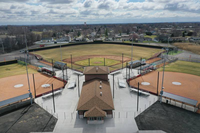 An aerial view of the baseball and softball fields at La Salle-Peru Township High School Athletic Complex on Wednesday, March 6, 2024 in La Salle.  In March of 2023,  L-P announced a $9.5 million addition/renovation to its sports complex. The project included an addition of a baseball field, two softball fields and four tennis courts; the installation of artificial turf on the soccer field; the expansion of parking; the addition of restrooms in the soccer building; and construction near the baseball/softball fields that will include a concession stand, press box and restrooms.