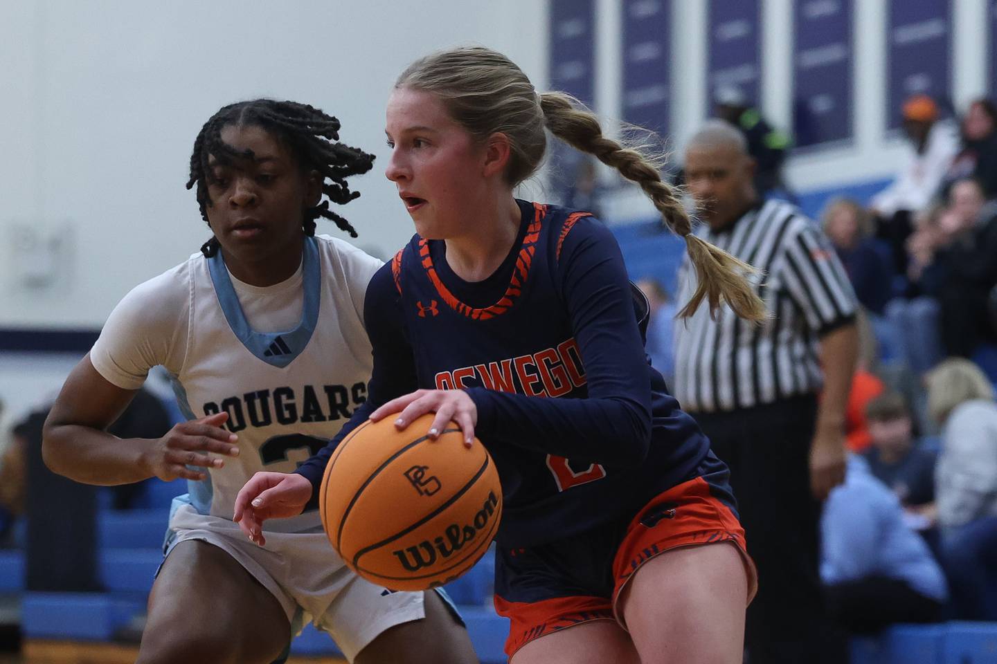 Oswego’s Ashley Cook drives to the basket against Plainfield South on Friday, Jan 17, 2025 in Plainfield.