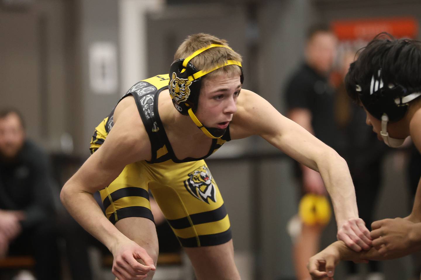 Joliet West’s Nick Murdock-Schey works against Plainfield East’s Brian Tejeda in the SouthWest Prairie Conference 113 pound championship on Saturday, Jan. 24, 2026 in Minooka.