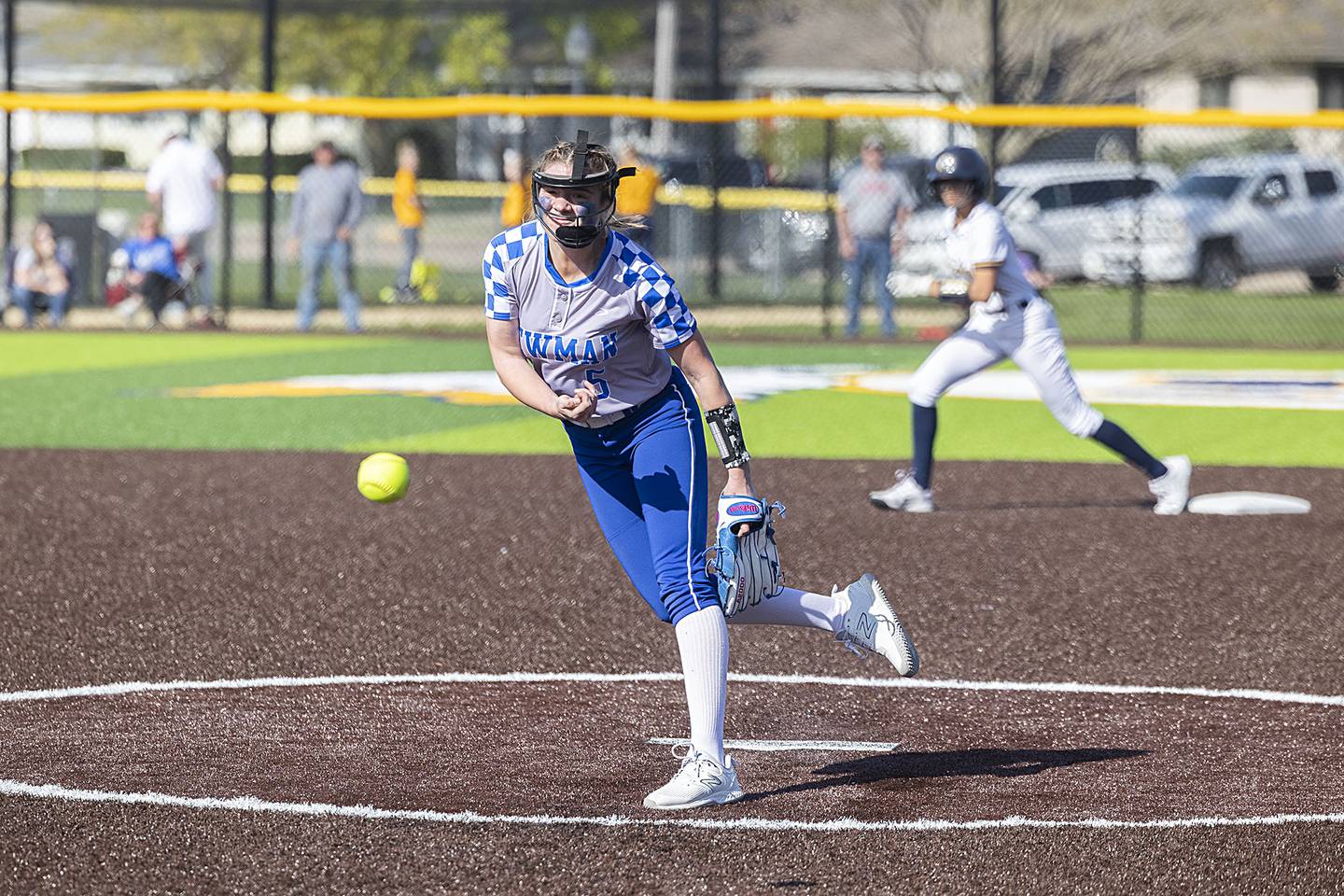 Newman’s Ady Waldschmidt fires a pitch against Sterling Thursday, April 27, 2023.