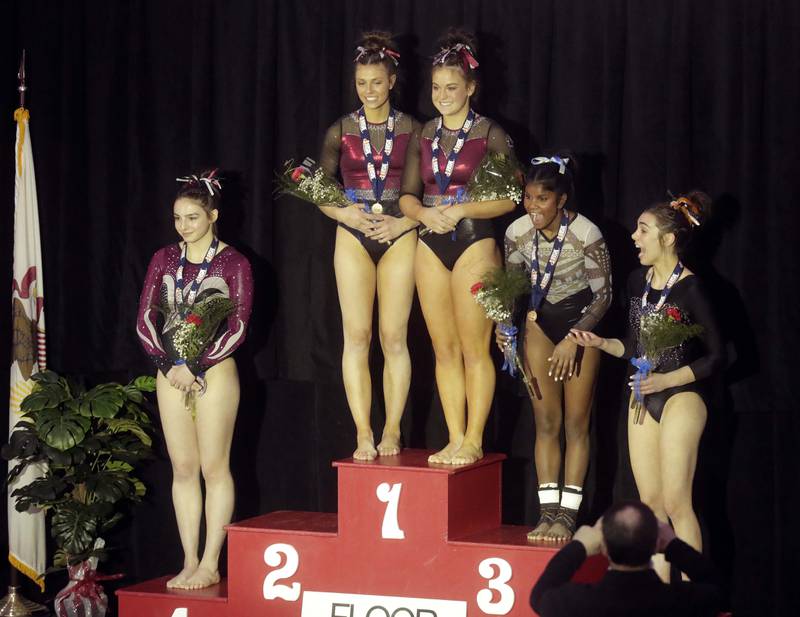 Floor winners 1st Gracie Willis of Prairie Ridge, 1st	Gabriella Riley of Prairie Ridge, 3rd Rayna Kauffman of Lake Zurich, 4th Stephanie Avram of Niles West, and 5th Madeline Kees of DeKalb at the IHSA Girls Gymnastics State Finals Saturday February 19, 2022 at Palatine High School.