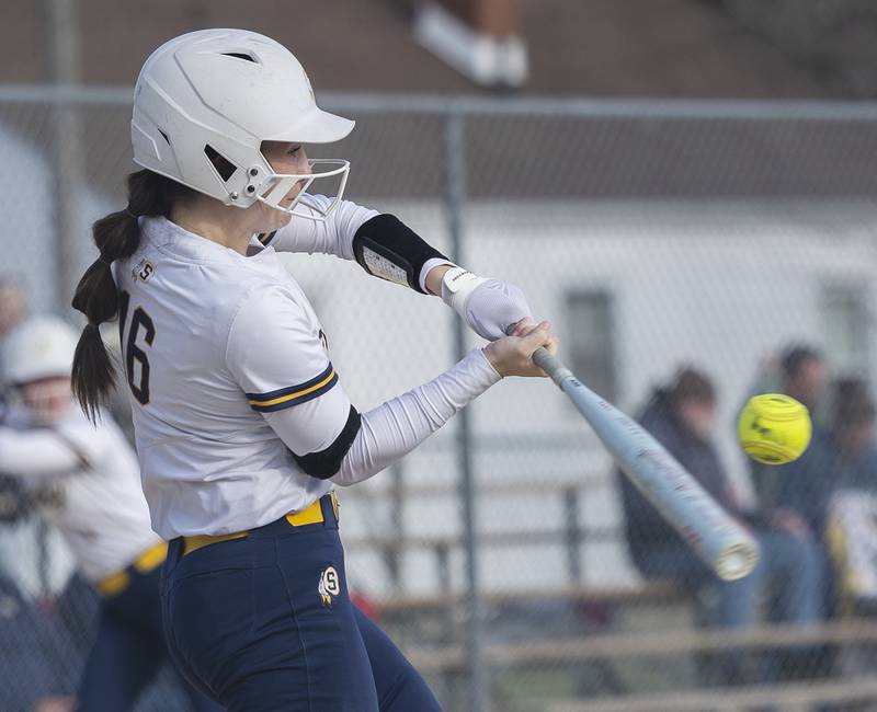 Sterling’s Breanna Taylor ropes a bases clearing double against Dixon Tuesday, March 24, 2026.