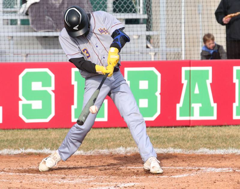 Mendota's Evan McPheeters gets a hit against L-P on Thursday, April 3, 2025 at Huby Sarver Field inside the L-P Athletic Complex in La Salle.