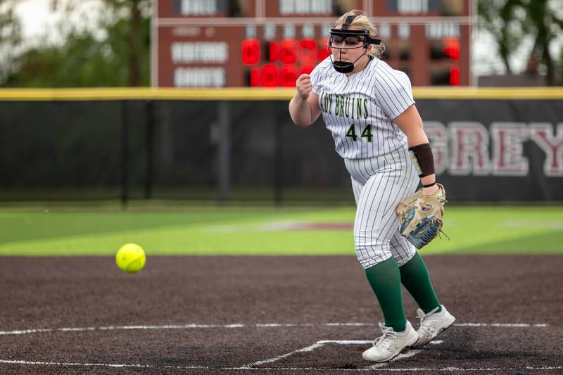 (44) Macy Strauch of St. Bede pitches on Tuesday, May 27, 2025 at Illinois Valley Central High School in Chillicothe.