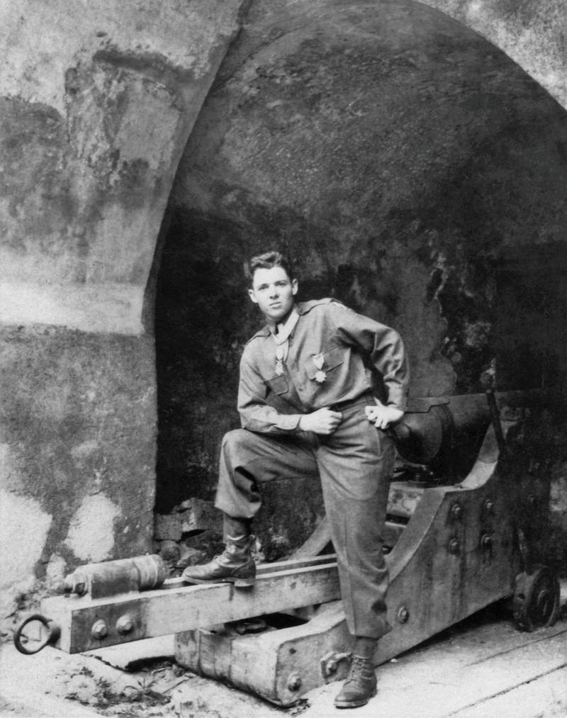 Audie Murphy at Werfen Castle, the headquarters for the 15th Infantry, on June 2, 1945, wearing the Medal of Honor he had just been presented.