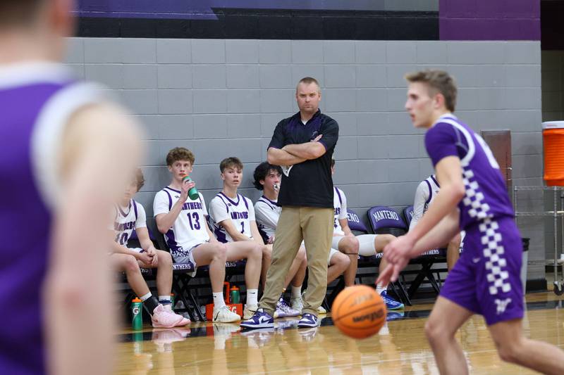 Manteno head coach Zack Myers watches the game during Wilmington's 60-35 victory over Manteno on Tuesday, Feb. 17, 2026.