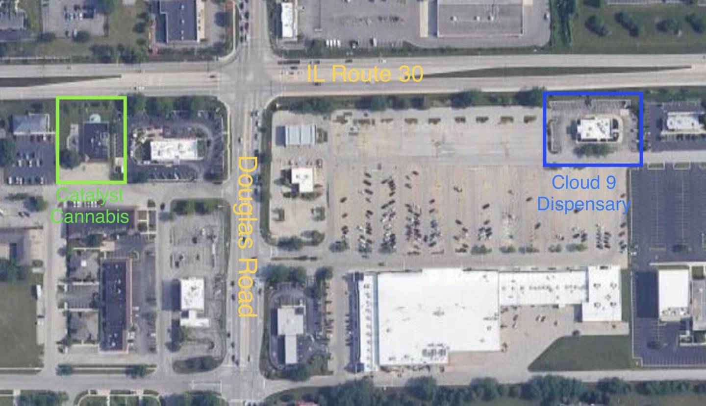 Map shows the proposed locations of two dispensaries in Oswego near the corner of Route 30 and Douglas Road.