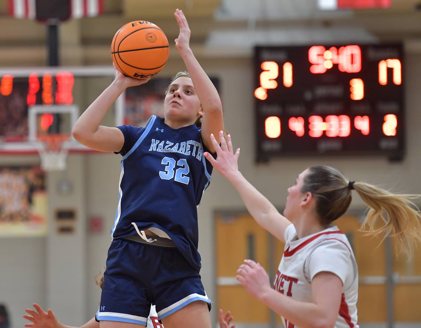 Nazareth’s Stella Sakalas shoots as Benet’s Lucy Tierney defends during a game on January 28, 2026 at Benet Academy in Lisle.