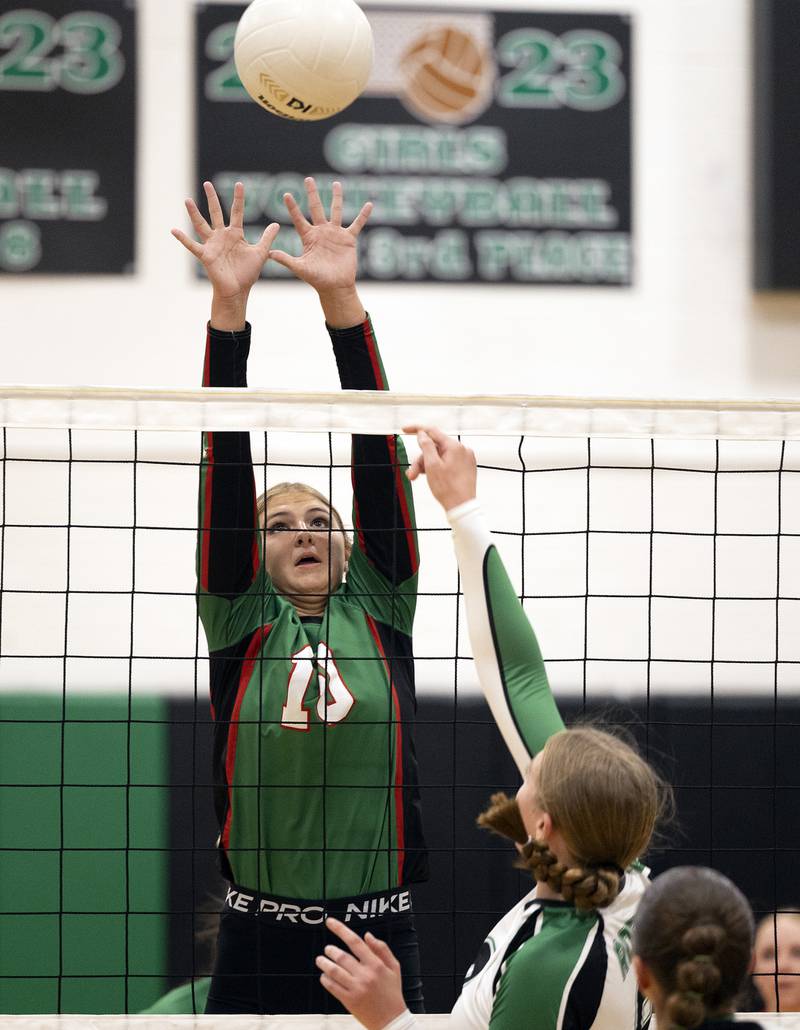 Lasalle-Peru’s Kelsey Frederick goes up to block a shot against Rock Falls Wednesday, Sept. 4, 2024, at Rock Falls High School.