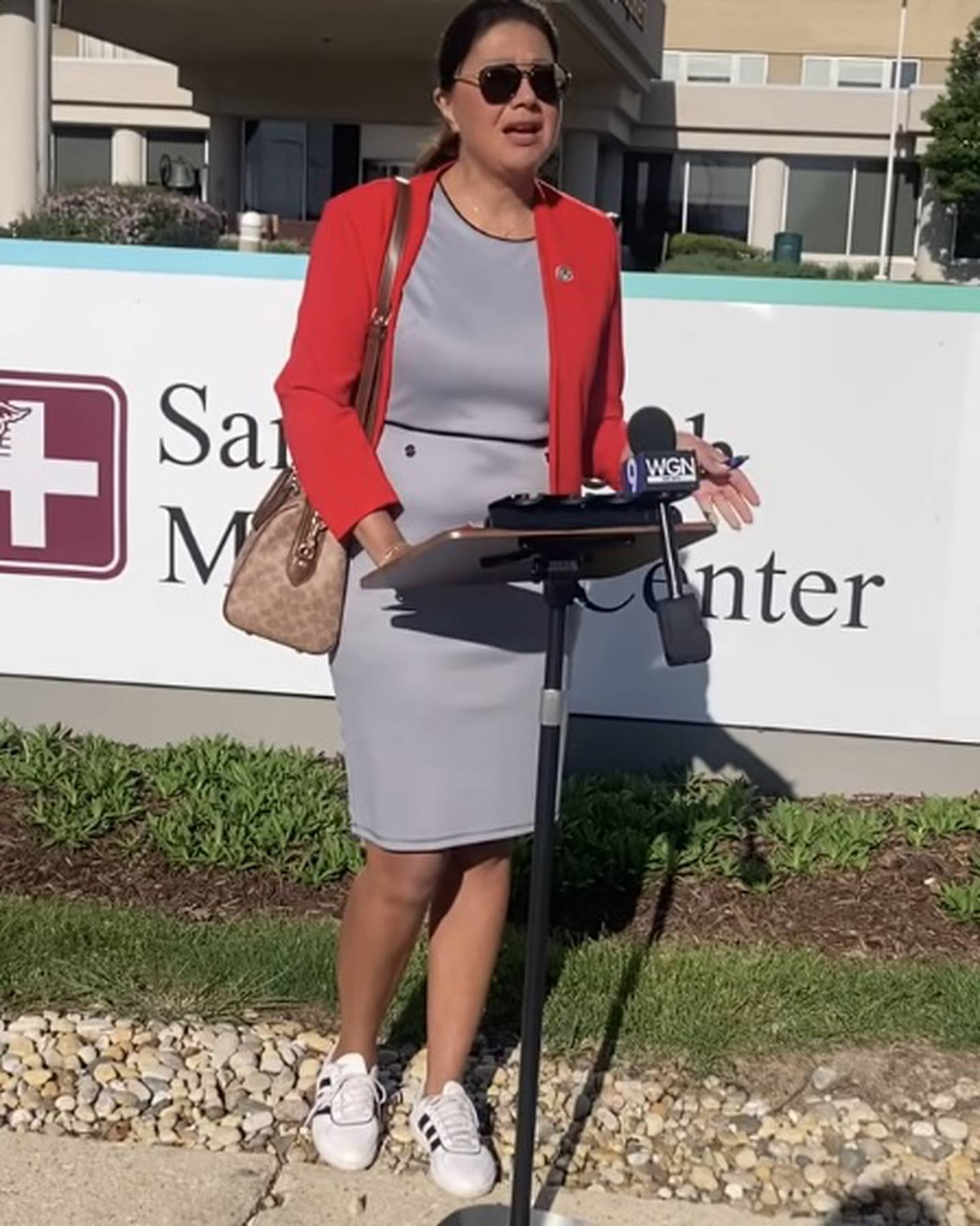 State Sen. Karina Villa, D-West Chicago, addresses concerns over staffing cuts at Prime Healthcare hospitals in Illinois outside Saint Joseph Medical Center in Joliet on Monday, May 4, 2026.