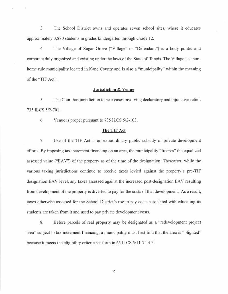 Kaneland School District 302 sued the village of Sugar Grove on June 13, 2025, to stop The Grove tax increment financing development project. The filing alleges the development does not meet the qualifications needed to use TIF money, records show. (Page 2 of 10)
