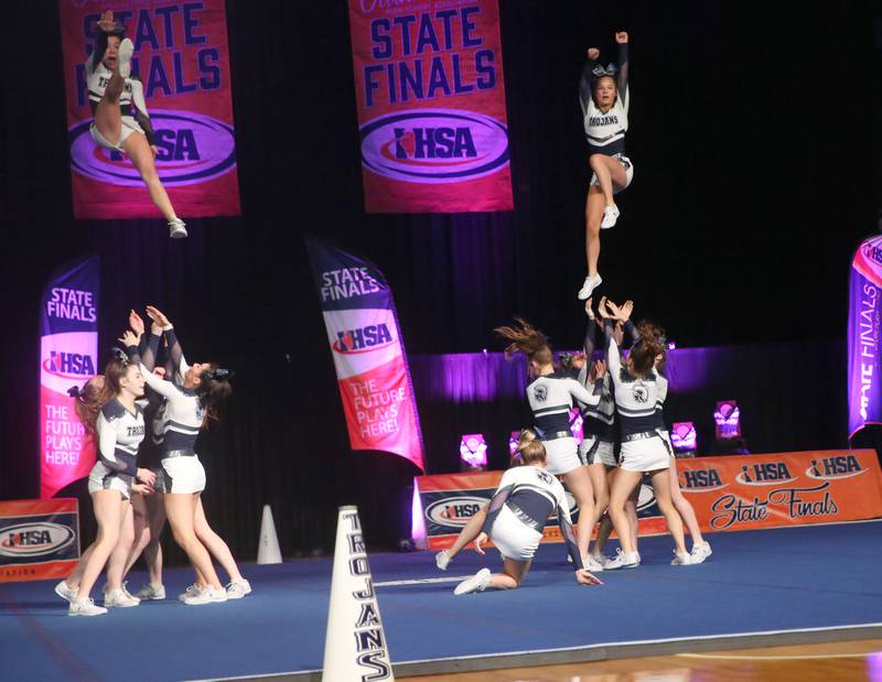 Members of the Cary Grove cheerleading team perform at the Competitive Cheerleading State Final Competition on Saturday, Feb. 3, 2024 at Grossinger Motors Arena in Bloomington.